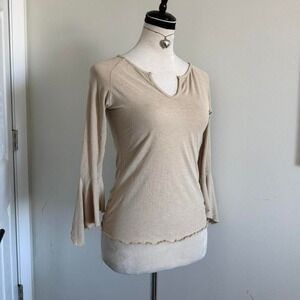 Y2K vintage Cream long sleeve top with bell sleeves and ruffle hem